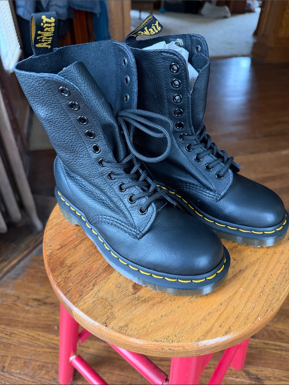 Dr. Martens Black Virginia Leather Lace-Up Boots with Yellow Stitching Accent